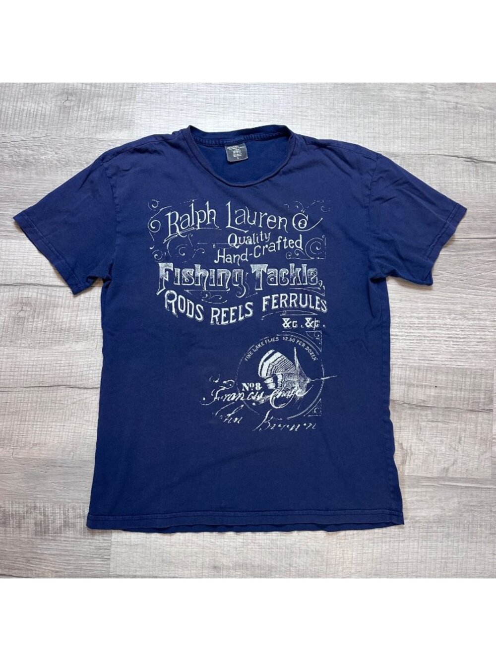 Vintage 90s Polo Ralph Lauren Fishing Tackle T-Shirt Adult Size Small Navy Blue